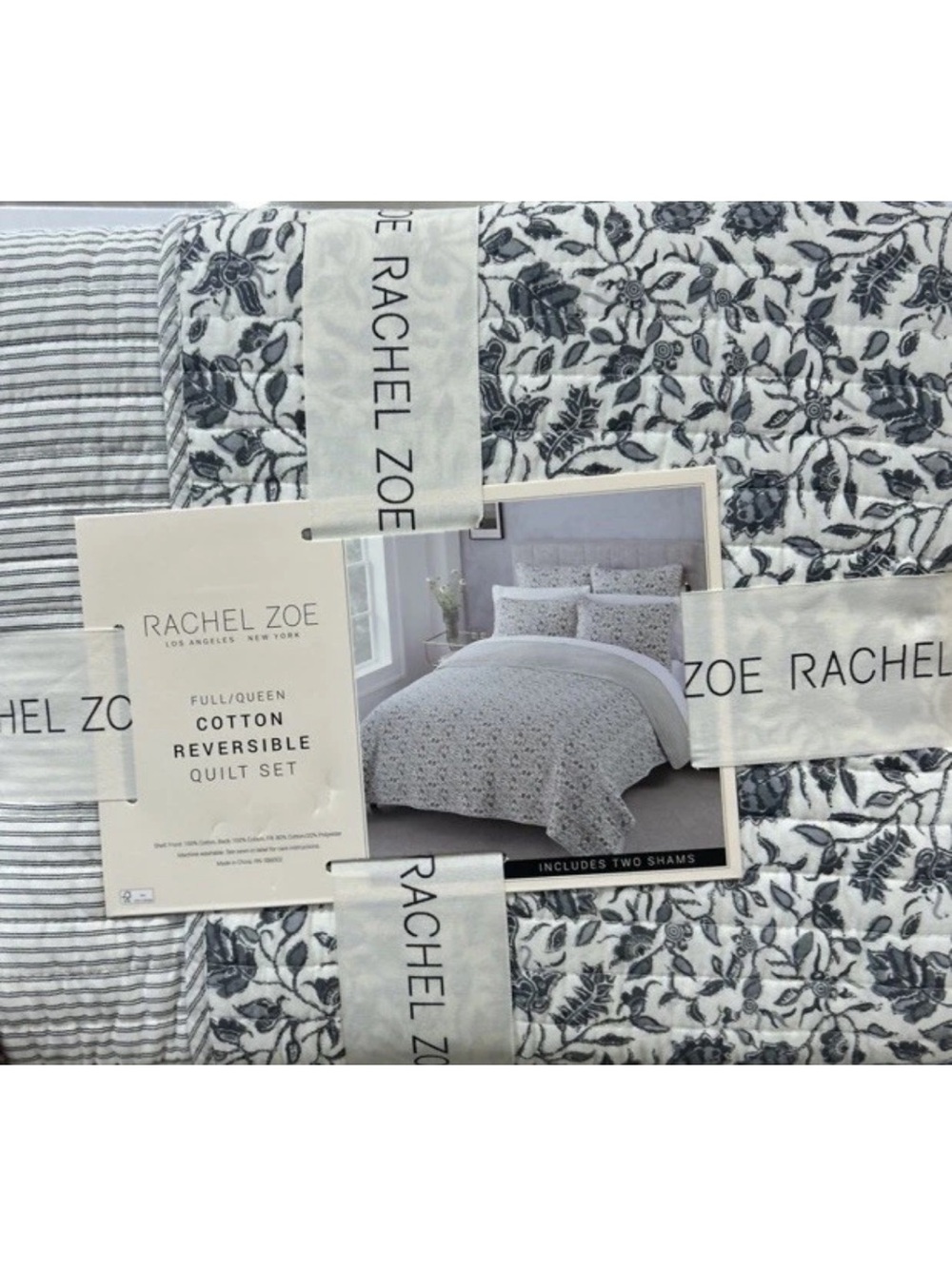 Rachel Zoe Full/Queen Gray and White Cotton Reversible Quilt Set 88”x92”